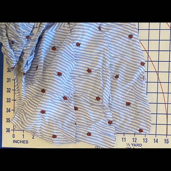 Olivaceous Crop Top Small Blue White Stripe Roses Off The Shoulder Ruffle Sleeve - Picture 10 of 11